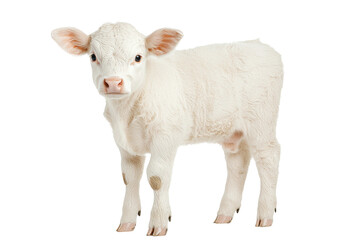 Obraz premium Cute White Calf Standing Upright on Clean White Background