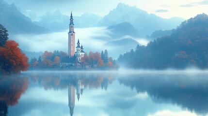 Misty Lake with Church and Mountain Reflection