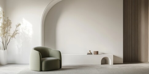 A minimalist interior featuring a soft green chair, archway, and natural decor, creating a serene and stylish atmosphere.