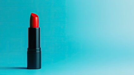 A bold red lipstick tube standing upright against a clean blue background, embodying elegance and simplicity.
