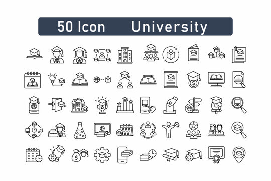 Collection of 50 university icons. higher education design illustration.Line art style icon pack. Vector illustration, editable white background.