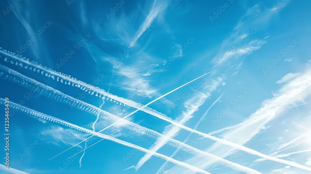 Poster contrails from airplanes in a blue sky with clouds.