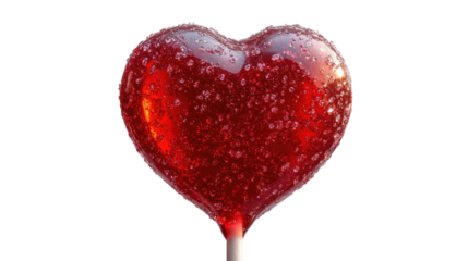 Heartfelt Candy: A vibrant red heart-shaped lollipop, glistening with a sweet, sugary texture, is presented on a stick, perfect for Valentine's Day, romantic themes, or sweet treats.