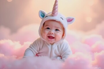 Fototapeta premium Happy Baby in Unicorn Costume on Pink Clouds