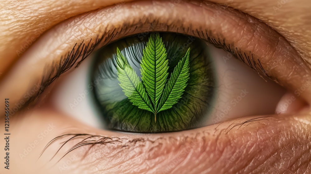Poster iris patterns eye striking close-up green concept. a close-up of an eye with a green leaf reflected 