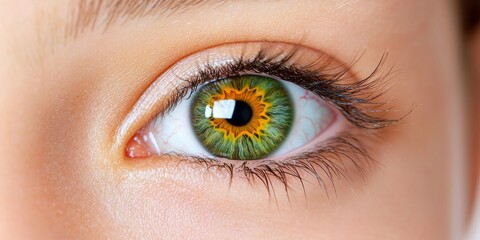 Obraz premium iris patterns eye striking close-up green concept. Close-up of a woman's eye with vibrant green and orange iris colors.