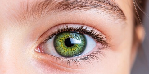iris patterns eye striking close-up green concept. Close-up of a child's eye with vibrant green iris and detailed eyelashes.