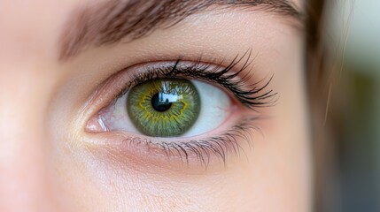 Obraz premium iris patterns eye striking close-up green concept. Close-up of a green eye with long lashes and clear skin surrounding it.