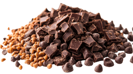 Chocolate Dreams: A decadent pile of dark chocolate chunks and milk chocolate chips, a tempting blend of textures and flavors, perfect for baking or indulging in pure chocolate bliss. 
