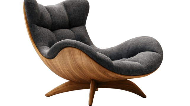 Modern Swivel Chair: A sleek and contemporary armchair with a dark gray upholstered seat and a curved walnut wood frame, inviting you to relax and unwind in style.