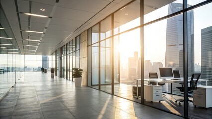 Empty office space with large windows that offer a panoramic view of the city skyline