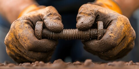 Obraz premium Hands Holding Rusty Bolt with Dirt and Grime Residue