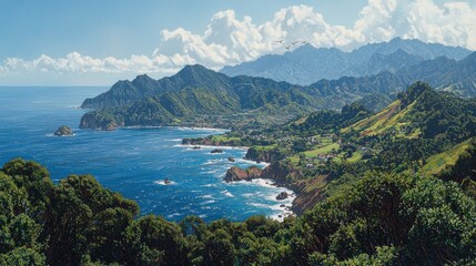 A radiant summer coastline with cliffs draped in lush greenery overlooking sparkling turquoise waters. Waves crash gently against the rocky shore as seagulls circle above. The vibrant sunlight 