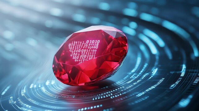 Red gemstone with binary code on futuristic digital background