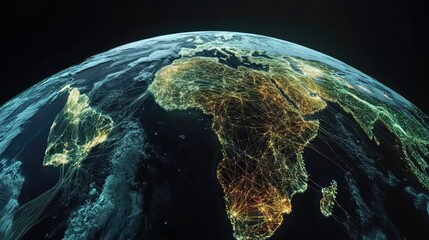 Fototapeta premium A glowing 3D earth visualization, featuring illuminated data streams and connections across continents.
