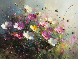 A radiant summer garden filled with blooming flowers in shades of pink, yellow, and red. The sunlight highlights the vibrant petals and lush greenery, while bees and butterflies bring life and 