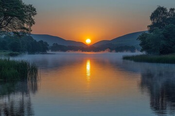 Obraz premium Misty River Sunrise Landscape