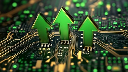 Green Arrows Pointing Up on Circuit Board Background with Lights
