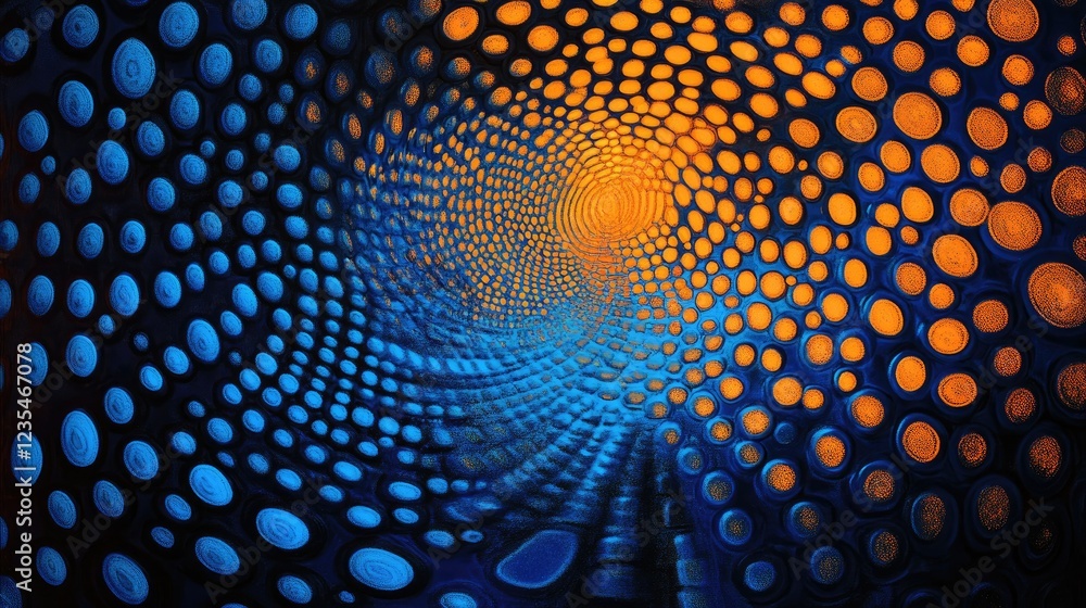 Poster a glowing grid of interconnected circles, pulsating in shades of blue and orange, representing advan