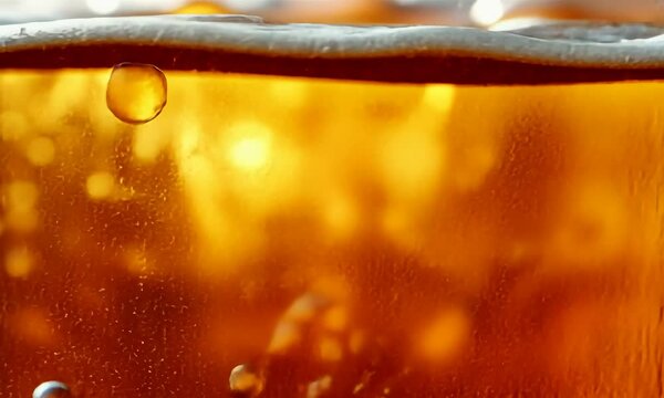 Amber Liquid Bubbles Sparkling Close Up Slow Motion