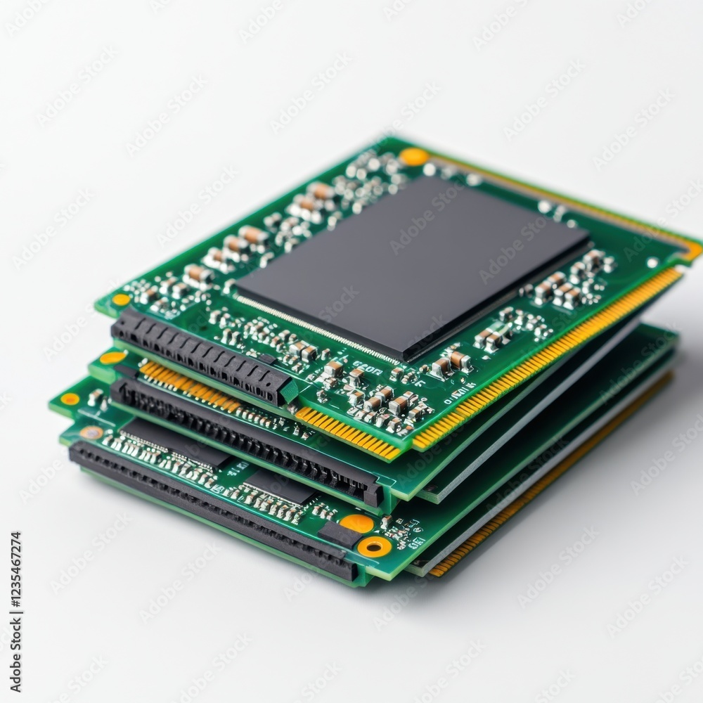 Poster stack of modern circuit boards showcasing intricate technology and electronic components in a clean 