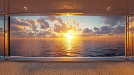 A luxurious cruise ship's wide window reveals a breathtaking seascape with golden sunset hues and calm, sparkling waters.