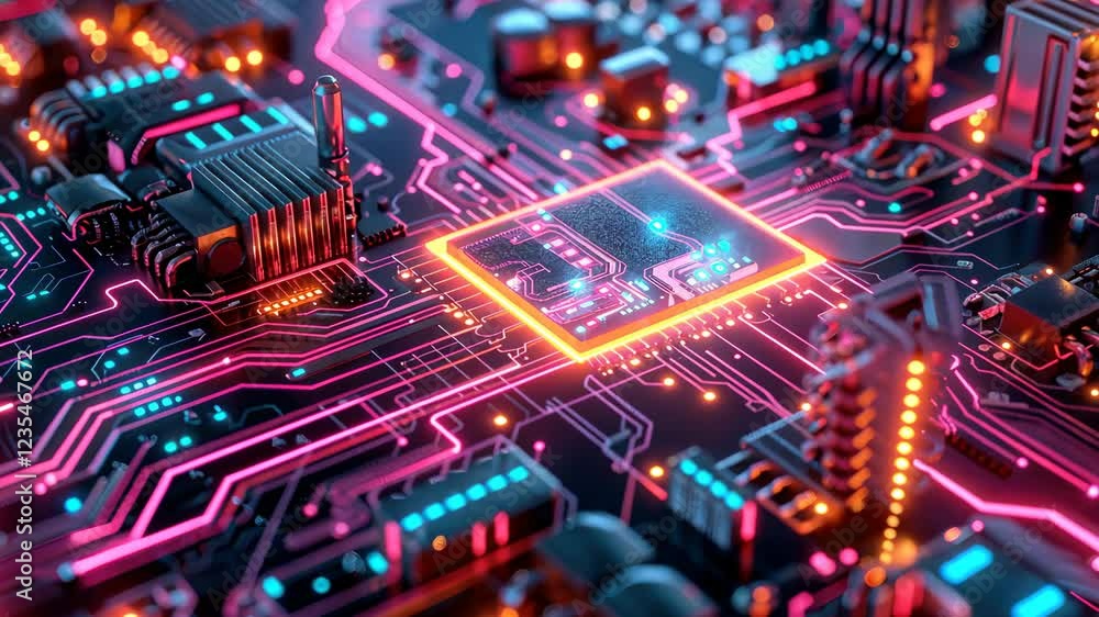 Poster glowing microchip on futuristic circuit board with neon lights and advanced technology