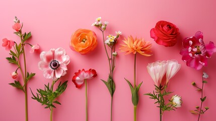 Obraz premium Various pink and orange flowers on a pink background.