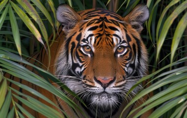 Fototapeta premium Majestic Tiger Emerging from Lush Green Jungle Foliage Close-Up