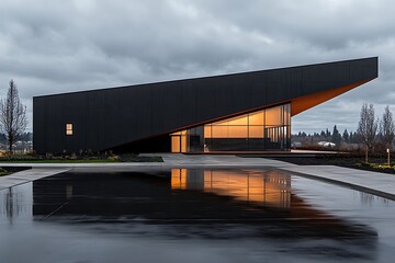 Modern Black Angled Building Reflecting in a Wet Plaza at Dusk