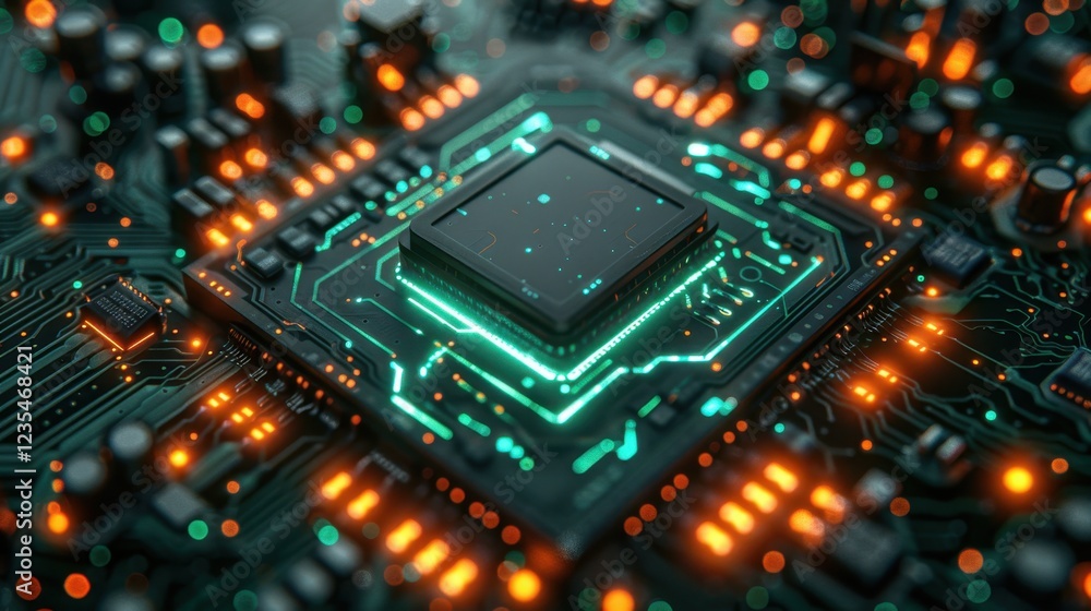 Poster close-up of glowing microchip circuit board with neon lights