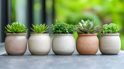 Fototapeta premium Five small green succulent plants in ceramic pots lined up on a stone surface outdoors during daytime.