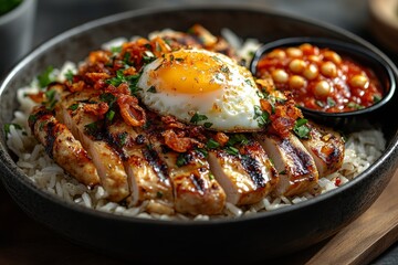 Grilled chicken, rice, egg, beans, healthy meal