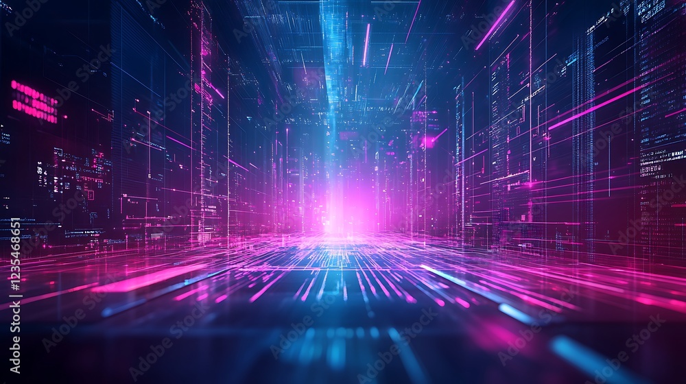 Poster abstract digital cityscape neon lights data stream