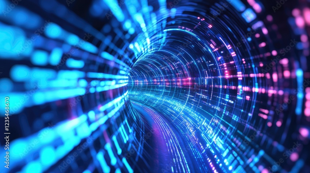 Poster a vibrant digital data stream flowing through a glowing tunnel with pulsating blue and purple neon l