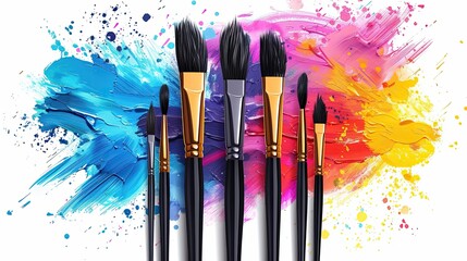 flat design, illustration, Inspiration Strikes An artist overcomes a creative block. Illustration: Paintbrushes, colorful splashes of paint