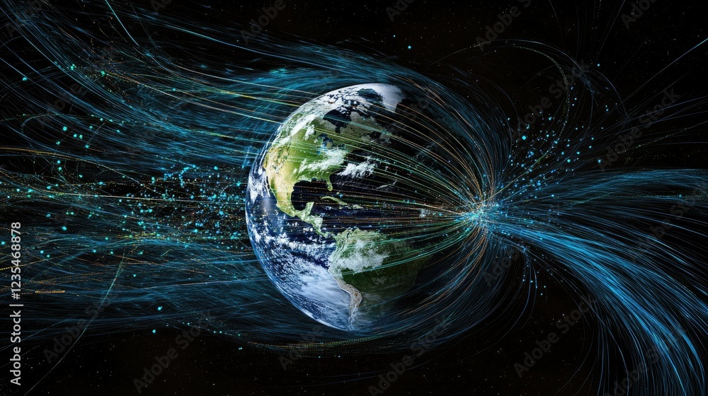 Poster a visually striking digital earth with flowing energy trails and interconnected data points, showcas