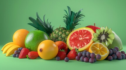 A variety of fresh fruits on a green background.