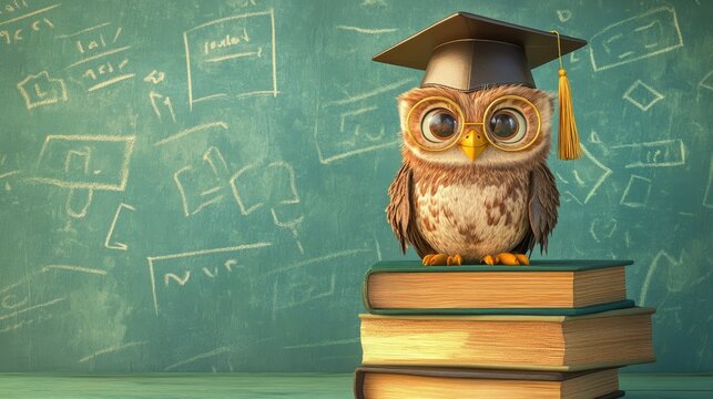 A wise cartoon owl perched on a stack of books, wearing a graduation cap with a golden tassel, against a classroom-themed backdrop.