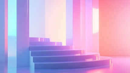 Fototapeta premium Abstract 3D-rendered podium featuring colorful gradient lights in blue, pink, and purple, with a glowing, futuristic ambiance.
