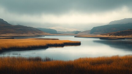 Obraz premium Serene lake nestled in autumnal valley soft light bathes tranquil landscape. AI Generated