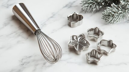 baking utensils on marble surface, including whisk and cookie cutters, ideal for baking tutorials, cookbooks, kitchen decor
