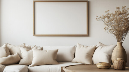 Empty frame on wall over sofa in living room as mockup template