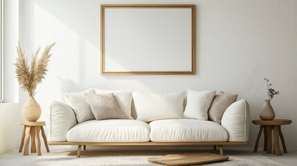 Empty frame on wall over sofa in living room as mockup template