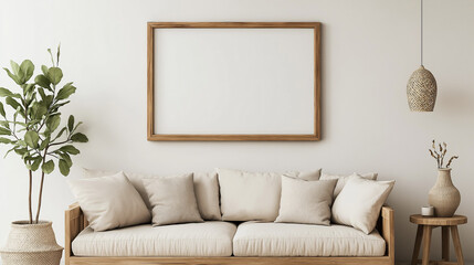 Empty frame on wall over sofa in living room as mockup template