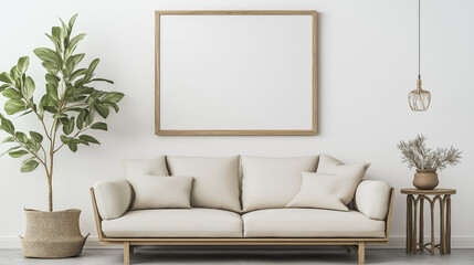 Empty frame on wall over sofa in living room as mockup template