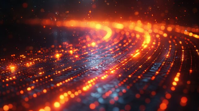 Glowing neon light trails on circuit board with sparkling effects