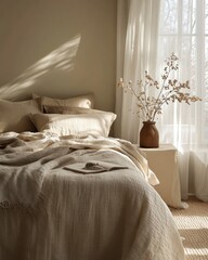 A cozy, sunlit bedroom featuring soft linens, a decorative vase with branches, and a serene atmosphere.