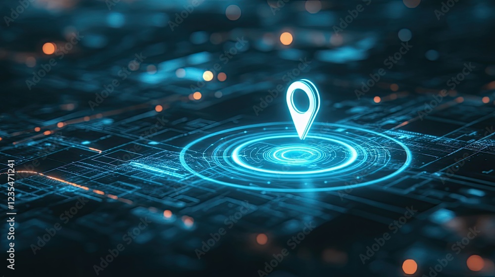Poster futuristic digital map pin on a tech-inspired network background