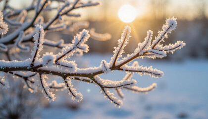 Frost-covered branch with sunlight in winter landscape